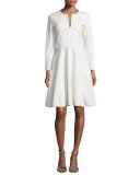 Long-Sleeve Embroidered Fit-&-Flare Dress, Ecru