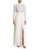 Long-Sleeve Lace & Crepe Dress, Off White