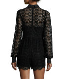 Josephine Long-Sleeve Lace Romper, Black