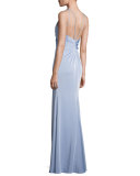 Sleeveless Ruched Stretch Taffeta Gown, Blue