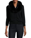 V-Neck Wool Cardigan w/ Fox Fur Collar, Black