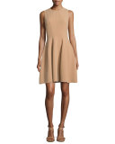 Stretch-Wool Bell-Skirt Dress, Suntan