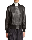 Bonded Leather Bomber Jacket, Black
