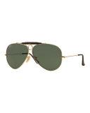 Havana Metal Aviator Sunglasses w/ Bullet Hole, Gold/Dark Green