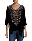 Lorne 3/4-Sleeve Embroidered Velvet Top