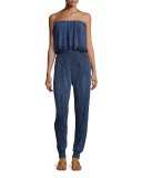 Strapless Denim-Print Ruffle-Top Jumpsuit 