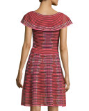 Cap-Sleeve Scallop-Striped Dress, Red