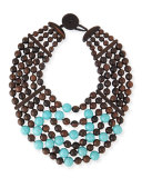Multi-Row Wood & Turquoise Bead Necklace