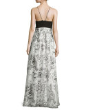 Sleeveless Ponte & Rose Crepe Gown, White/Black