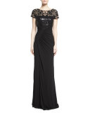 Short-Sleeve Lace-Bodice Ruched Gown 