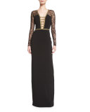 Lace-Sleeve Deep-V Gown, Black