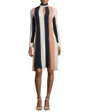 Colorblock Long-Sleeve Keyhole Dress, Nude/Multi