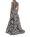 Fil Coupe Mesh-Inset Sleeveless Gown, Ivory/Black