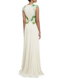 Sleeveless Floral-Embellished Grecian Gown, Champagne
