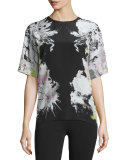 Floral-Print Short-Sleeve Kimono Blouse, Black/Yellow