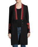 Beaded-Sleeve Topper Coat, Black