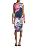 Brynee Cap-Sleeve Floral-Print Sheath Dress, Dark Blue
