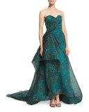 Asymmetric-Ruffle Strapless Gown, Emerald Teal