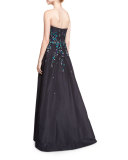 Strapless Faille Gown w/3D Floral Appliques, Navy/Blue