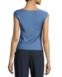 Charmeuse Cowl-Neck Cap-Sleeve Blouse, Medium Blue