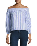 Drew Striped Off-the-Shoulder Top, Blue/White