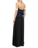 Silk Ruffle-Trim Halter Top, Navy