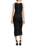 Sleeveless Scalloped Zip Jersey Midi Dress, Black