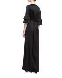 Satin Flutter-Sleeve Jumpsuit, Black