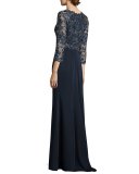 3/4-Sleeve Lace-Bodice Gown, Black/Nude