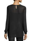 Long-Sleeve Chiffon Pullover Blouse, Black