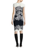 Nadia Floral Knit Cap-Sleeve Dress, Frost/Navy
