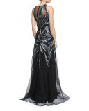 Embroidered Illusion Sleeveless Gown, Black/Silver