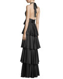Tiered Satin Halter Gown, Black