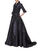 3/4-Sleeve Crisscross-Waist Trench Gown, Navy