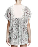 Flutter-Sleeve Embroidered Blouse, Daisy Print