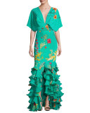 Caribe Floral Ruffled-Hem Dress, Green/Orange