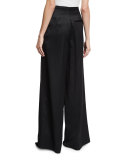 Wide-Leg Satin Evening Pants, Black