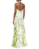Sleeveless Accordion-Pleated Halter Gown, Lime