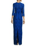 3/4-Sleeve Floral Lace Column Gown, Royal