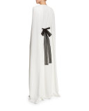 Lace-Bodice Front-Slit Cape Gown, White/Black