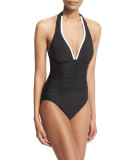 Kara Contrast-Trim Halter One-Piece Swimsuit, Black