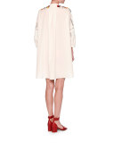 Embroidered Bishop-Sleeve Tunic Dress, White