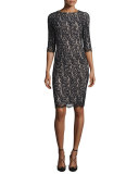 Half-Sleeve Lace Sheath Dress, Black