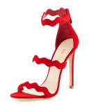 Suede Triple-Strap Wavy Sandal, Rosso