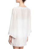 Embroidered Bell-Sleeve Silk Chiffon Tunic, White