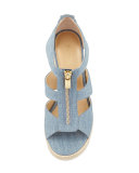 Damita Zip-Front Wedge Espadrille Sandal, Washed Denim