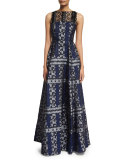 Sleeveless Lace-Yoke Ball Gown, Navy