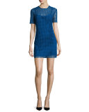 Short-Sleeve Chain Lace Mini Dress, Blue