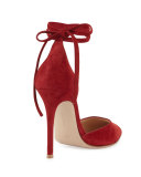 Suede Pointed-Toe Ankle-Wrap Pump, Granata