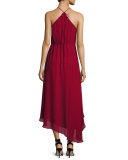 Silk Asymmetric High-Low Dress, Crimson
